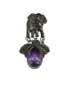 VINTAGE DESIGNER HALLMARKED STERLING SILVER FIGURAL ELEPHANT AND AMETHYST TEARDROP DANGLE PENDANT