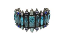 VINTAGE NAVAJO STERLING SILVER SPIDERWEB TURQUOISE AND GEMSTONE CUFF BRACELET