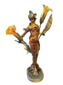 PIERRE ROCHE FRENCH ARTIST LARGE ART NOUVEAU BRONZE SCULPTURE TITLED DIANE WITH IRIDESCENT SHADES