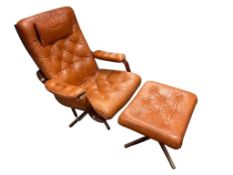 GOTE MOBLER STYLED SCANDINAVIAN DESIGN / LEATHER AND WOOD SWIVEL CHAIR WITH FOOT STOOL