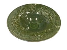 2001 ROWE POTTERY WORKS CELADON STYLE GLAZE BOWLW ITH LEAVED IN RELIEF