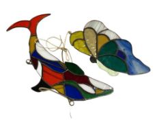 TWO LOCALLY MADE VIBRANT COLORED STAINED GLASS DESIGNS INCLUDING DOLPHIN AND BUTTERFLY