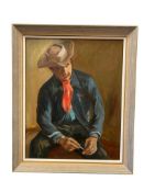LARGE ORIGINAL OIL ON CANVAS WESTERN PAINTING OF A SEATED MAN SIGNED GETZ