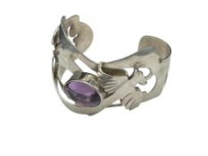 VINTAGE ARTIST SIGNED STERLING SILVER BIRD AND AMETHYST CUFF BRACELET