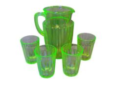 1920'S ANCHOR HOCKING GREEN PILLAR URANIUM GLASS PITCHER WITH FOUR MATCHING GLASSES