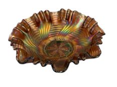 VINTAGE FENTON CARNIVAL GLASS RIBBON TIE PATTERN BOWL WITH RUFFLED RIM