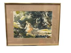 ORIGINAL WATERCOLOR ON PAPER OF A COUPLE SURROUNDED BY TREES AND OTHER VEGETATION