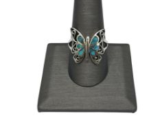 DESIGNER HALLMARKED STERLING SILVER INLAID TURQUOISE FIGURAL BUTTERFLY RING