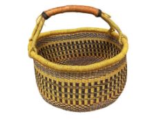 GHANA BOLGA HAND WOVEN AFRICAN BASKET WITH LEATHER WRAPPED HANDLE