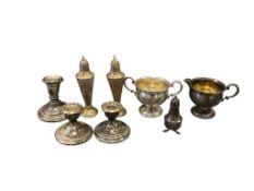 VINTAGE 20TH CENTURY WEIGHTED STERLING SILVER CANDLE HOLDERS, SHAKERS, CREAMR AND SUGAR BOWL