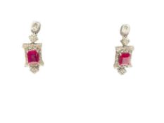14K WHITE GOLD PLATED STERLING SILVER RUBY AND DIAMOND EARRINGS FEATURING EMERALD CUT RUBIES