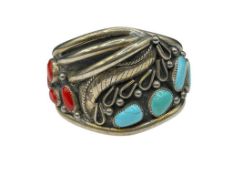 ANTIQUE OLD PAWN SILVERPLATED TURQUOISE AND CORAL TOOLED DESIGN CUFF BRACELET