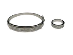 PLATINUM CHANNEL SET PRINCESS CUT DIAMOND BANGLE BRACELET AND MATCHING RING