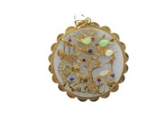 STUNNING 14K YELLOW GOLD CHINESE GOOD FORTUNE PENDANT FEATURING WHITE JADE, RUBIES, OPALS, AND LA...