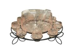 CLEAR GLASS AND PINK PLATTER PUNCHBOWL AND MUGS WITH BLACK METAL WIRE STAND AND ACRYLIC LADDLE