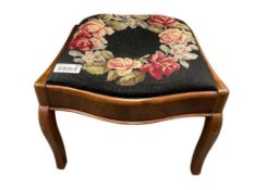 VINTAEG MAHOGANY FOOT STOOL WITH FLORAL NEEDLEPOINT UPHLSTERED CUSHION
