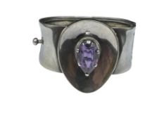 VINTAGE SIGNED TALLERES DE LOS BALESTEROS MEXICO STERLING SILVER ALEXANDRITE HINGED BANGLE BRACELET