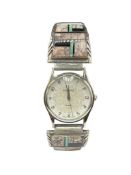 VINTAGE NAVAJO ROLAND FRANCISCO ARTIST SIGNED STERLING SILVER WATCH TIPS FEATURING INLAID OPAL