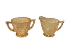 VINTAGE JEANETTE GLASS IRIS AND HERRINGBONE MARIGOLD CARNIVAL GLASS CREAMER AND SUGAR
