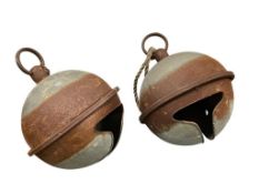 PAIR OF VINTAGE RUSTIC LARGE JINGEL BELLS WITH ROPE TIES