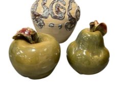 LARGE CERAMIC DECORATIVE PEAR AND APPLE DECORATIONS IN GREEN GLAZE