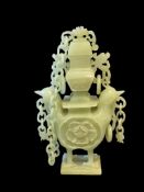 20TH CENTURY CHINESE CARVED JADE COVERED OPIUM CONTAINER FEATURING IMPRESSIVE CARVED LINK CHAINS