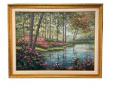 MILES SCHAEFER AMERICAN LANDSCAPE ARTIST LARGE ORIGINAL OIL ON CANVAS TITLED SPRING REFLECTIONS