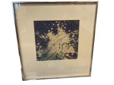 WOOD BLOCK PRINT STYLIZED WAVE IN PURPLE AND BLUE