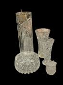 GLASS AND CRYSTAL TABLEWARE VASES, BOWL, MIXER, AND TOOTHPICK HOLDER