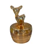 JEANETTE MARIGOLD CARNIVAL GLASS FAWN DEER COVERED JAR CIRCA 1940'S
