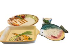 VINTAGE PENNSBURY POTTERY FISH SHAPED PLATTER, BELLA CASE BY GANZ PLATTER, AND MORE