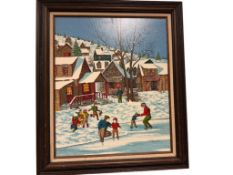 SNOWY WINTER VILLAGE SCENE LITHOGRAPH ON CANVAS BY H. HARGOVE ALSO KNOWN AS NICOLO STURIANO