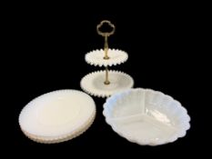 VINTAGE FENTON SILVER CREST MILK GLASS CRIMPED TWO-TIER TIDBIT DISH & DIVIDED RELISH MILK GLASS T...