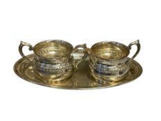 GORHAM STERLING SILVER HOLLOWARE ROPE EDGE CREAMER, OPEN SUGAR BOWL, AND TRAY DESIGN 1204