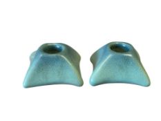 1920'S VAN BRIGGLE POTTERY ARTS AND CRAFTS SIGNATURE TURQUOISE GLAZE CANDLESTICK HOLDERS