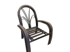 PAIR OF METAL FRAMED PATIO ARMCHAIRS WITH DECORATIVE SCROLLWORK BACKRESTS