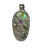 STERLING SILVER ARTIST SIGNED ABALONE SHELL AND PURPLE STONE PENDANT FEATURING FLOWER MOTIF
