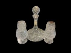 CLASSIC CRYSTAL SHIP'S DECANTER WITH FOUR FOOTED ROCK GLASSES