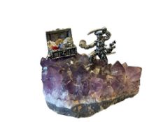 PURPLE AMETHYST CRYSTAL CLUSTER WITH PEWTER PIRATE AND TREASURE BOX FIGURE