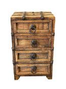 SPANISH STYLED HARDWOOD FOUR-DRAWER JEWELRY CHEST / CABINET WITH DECORATIVE METAL OVERLAY