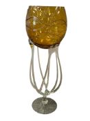 1980'S JELLY FISH AMBER AND CLEAR ART GLASS FOOTED BOWL POSIBLY JOSEFINA GLASS WORKS IN POLAND