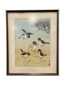 20TH CENTURY VINTAGE ORIGINAL JAPANESE WATERCOLOR PAINTING ON PAPER FIVE PLAYFUL SPARROWS