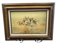 CHARLES M. RUSSELL RENOWN WESTERN ARTIST PRINT ON BOARD SIOUX AND BLACKFEET MEET