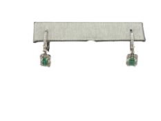 14K WHITE GOLD EMERALD CUT SIMULATED EMERALDS AND DIAMOND DANGLE EARRINGS