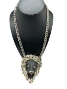 VINTAGE STYLE RAZZE DESIGNER SIGNED SIMULATED BLACK ONYX FIGURAL LION'S HEAD PENDANT NECKLACE