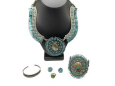 ANTIQUE OLD PAWN STERLING SILVER NAVAJO LEO G. HARVEY SIGNED TURQUOISE NEEDLEPOINT JEWELRY SET