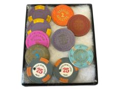 TEN VINTAGE CLAY CASINO POKER CHIPS MAPES, HAROLDS CLUB, SILVER SPUR, ELDORADO, RIVIERA