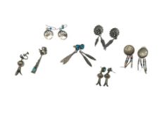 FIVE PAIRS OF NATIVE AMERICAN STERLING SILVER EARRINGS AND TWO SINGLE STERLING SILVER EARRING