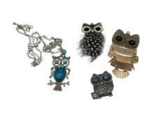 FIGURAL OWL DESIGNED COSTUME JEWELRY INCLUDING NECKLACE, RING, AND TWO PENDANTS