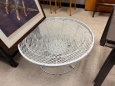 VINTAGE MID-CENTURY WROUGHT IRON PATIO SIDE TABLE FEATURING DIAMOND GRID MESH TOP